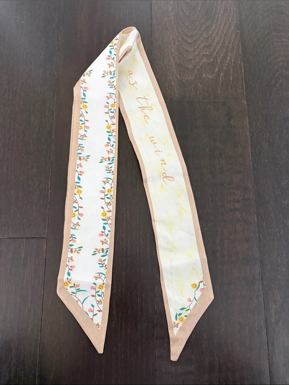 NWOT Floral Silk Twilly Scarf 35”x2.36” Beige & Yellow Dainty Hair purse ribbon